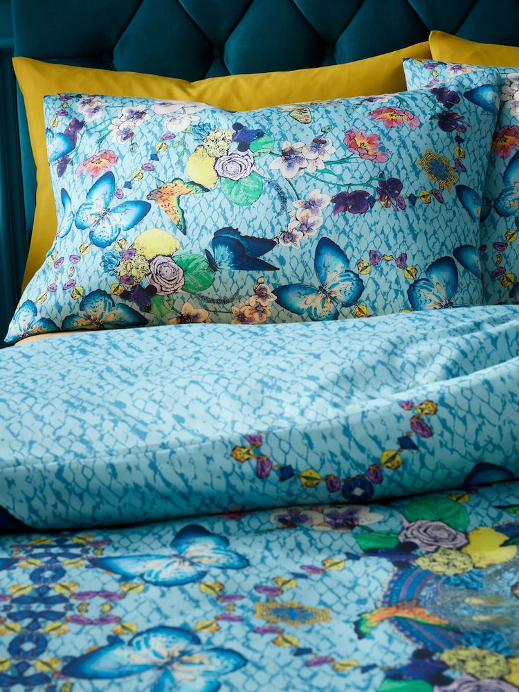 Matthew Williamson Blue Heritage Butterfly Cotton Pair of 100% Cotton Pillowcase - Image 1 of 2