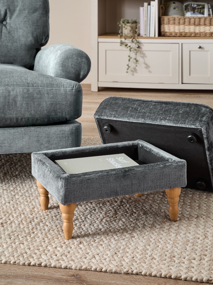 Plush Chenille Slate Blue Sherlock Storage Footstool - Image 2 of 8