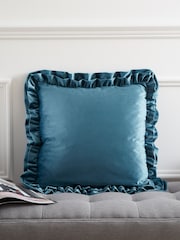 Catherine Lansfield Teal So Soft Velvet Double Frill Cushion - Image 1 of 5