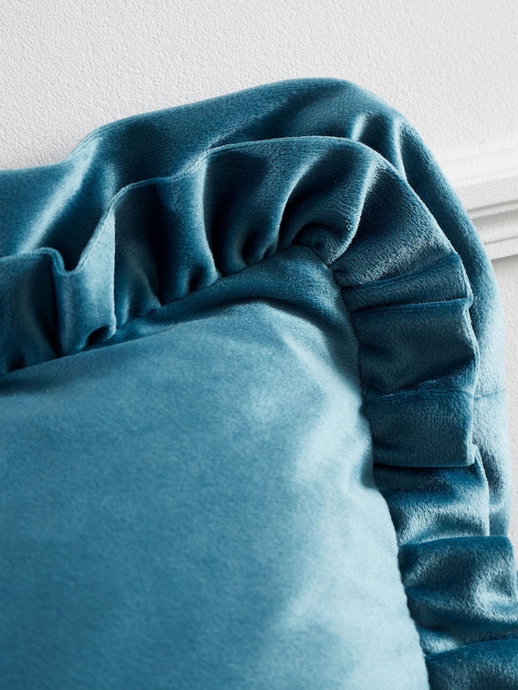 Catherine Lansfield Teal So Soft Velvet Double Frill Cushion - Image 2 of 5