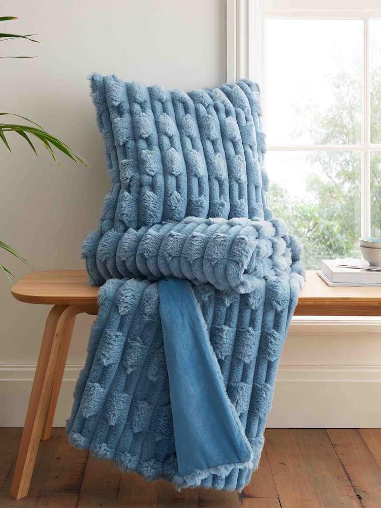 Blue Soft and Cosy Carved Faux Fur Cushion - Image 2 of 5
