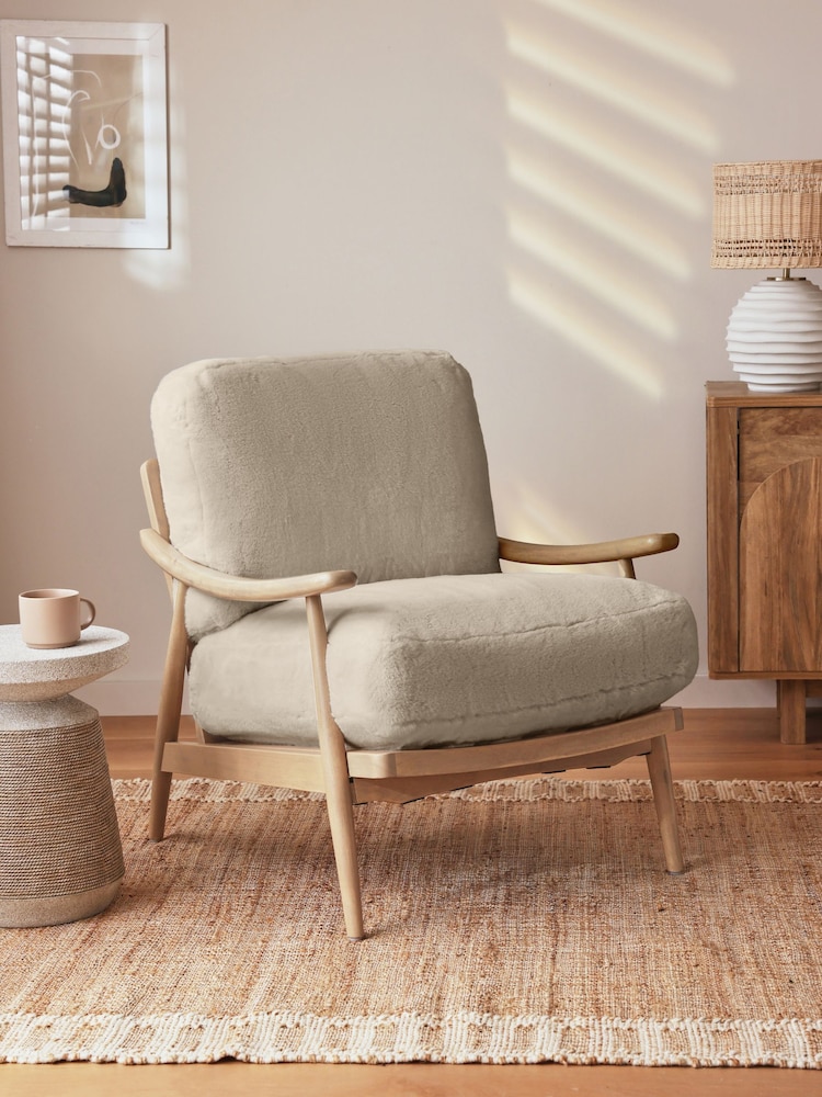 Oslo Faux Fur Mink Light Oak Effect Frame Hampton Wooden Accent Chair - Image 1 of 9