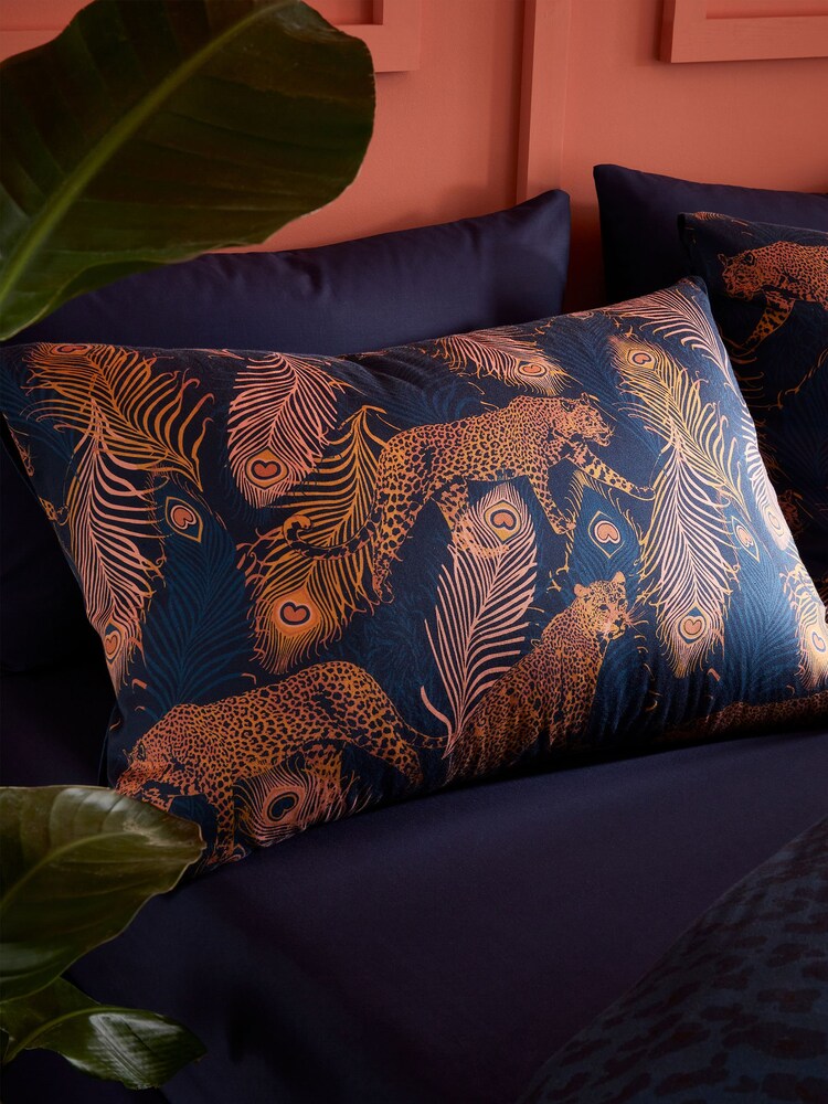 Matthew Williamson Navy Blue Peacock Leopard Cotton Pair of 100% Cotton Pillowcases - Image 1 of 2