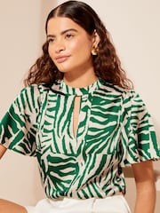 Friends Like These Green Printed Flutter Sleeve Keyhole Blouse - Image 1 of 4