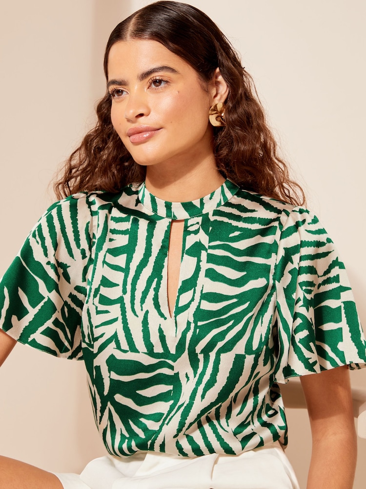 Friends Like These Green Printed Flutter Sleeve Keyhole Blouse - Image 1 of 4