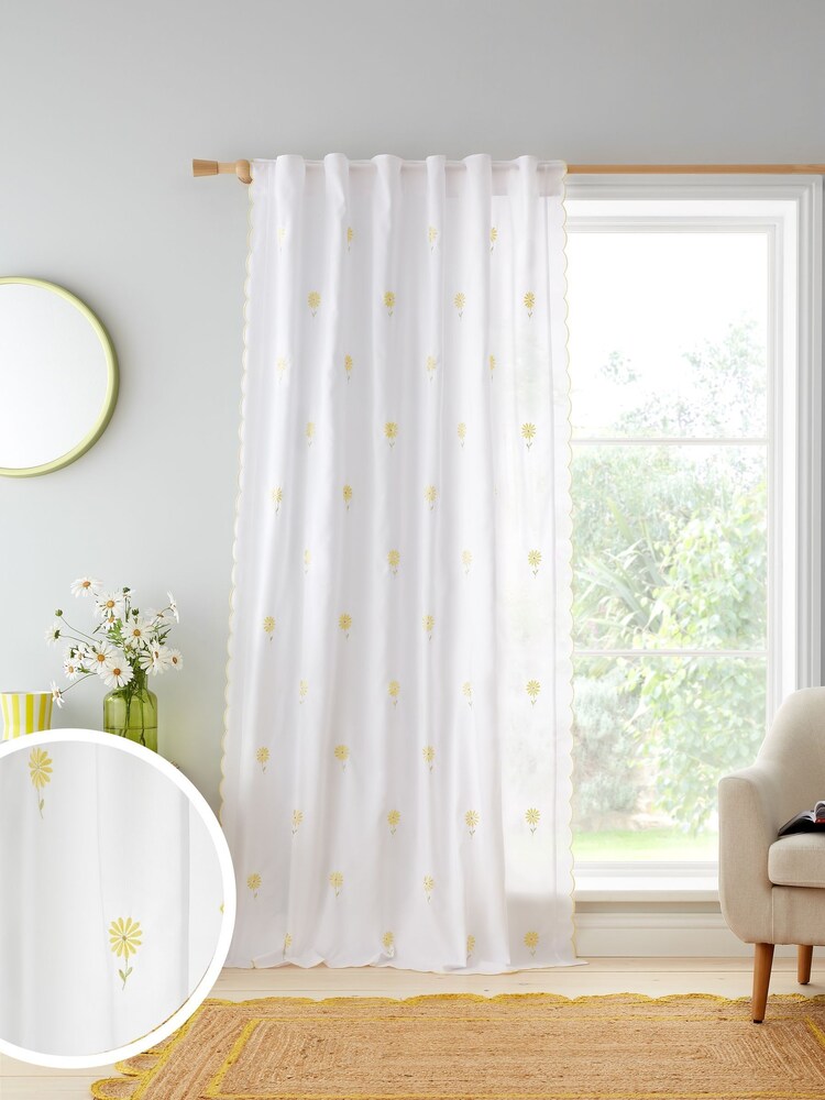 Catherine Lansfield White Lorna Embroidered Daisy Slot Top Panel Curtains - Image 2 of 4