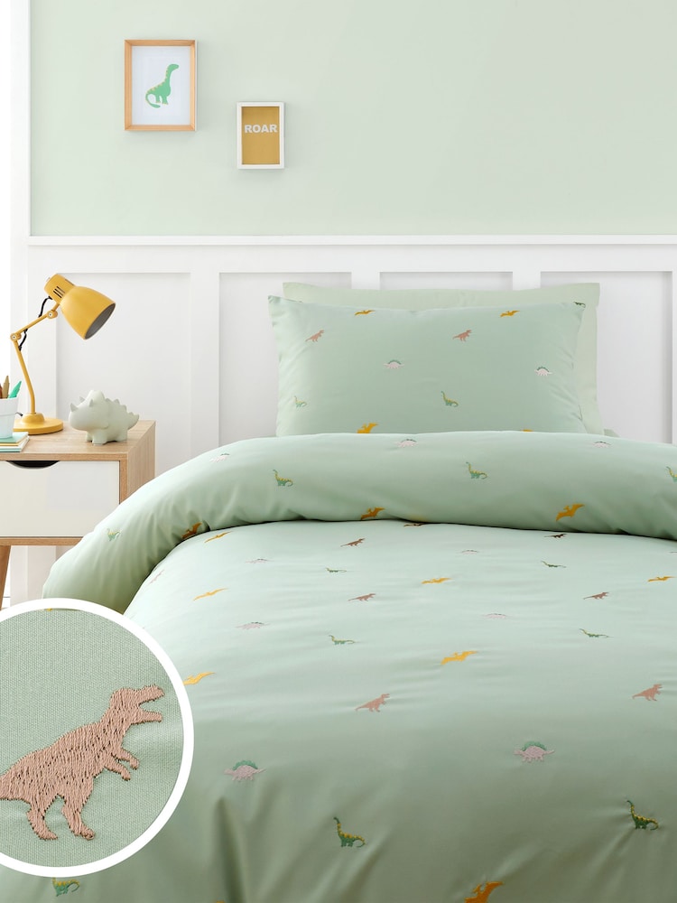 Catherine Lansfield Green Embroidered Dinosaur Duvet Cover Set - Image 1 of 5