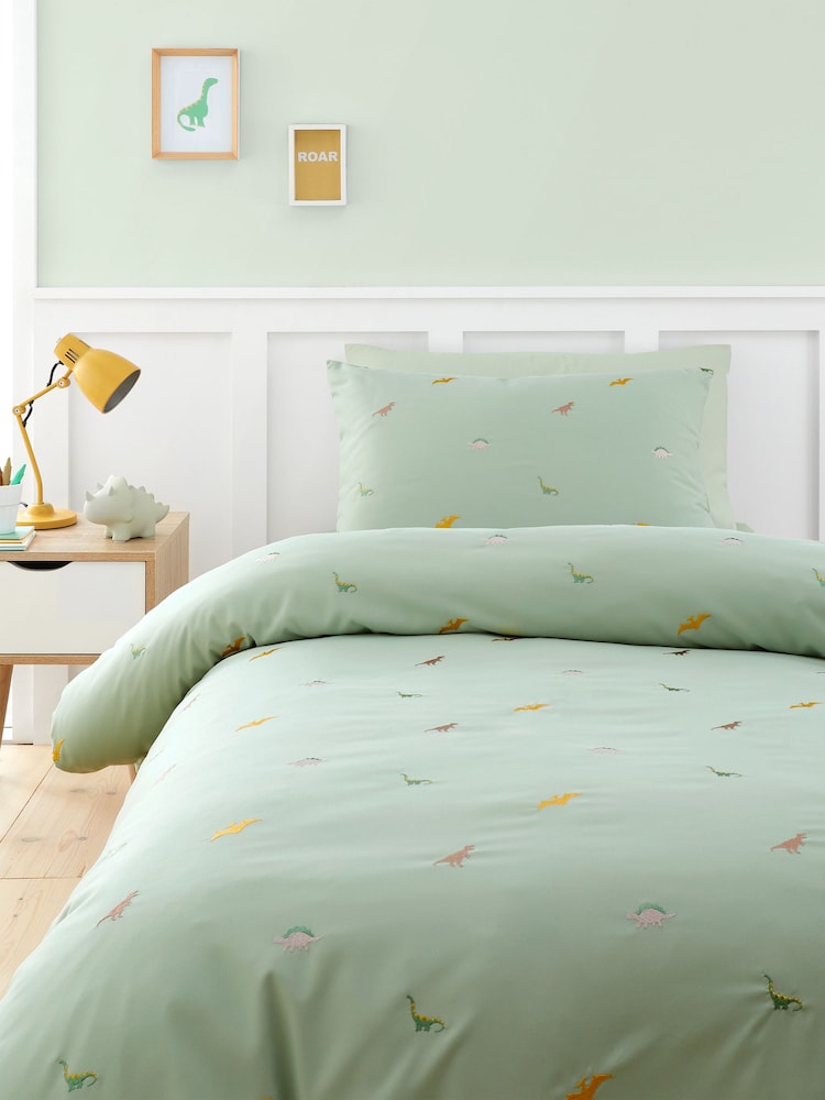 Catherine Lansfield Green Embroidered Dinosaur Duvet Cover Set - Image 2 of 5