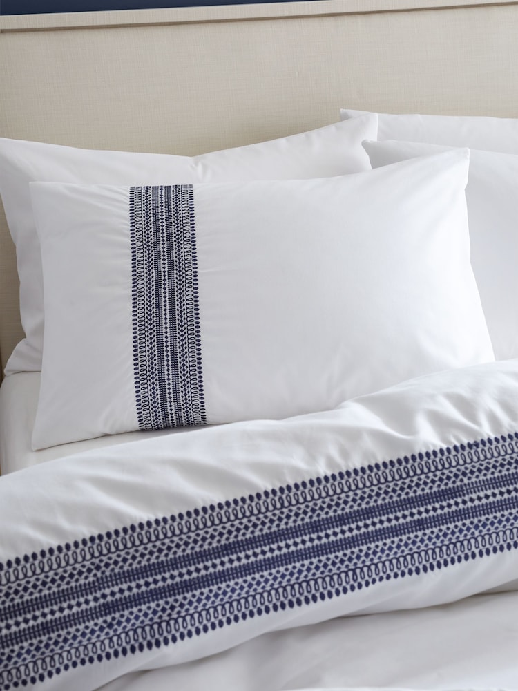 Bianca White Remy Navy Blue Embroidery 100% Cotton Duvet Cover Set - Image 2 of 3
