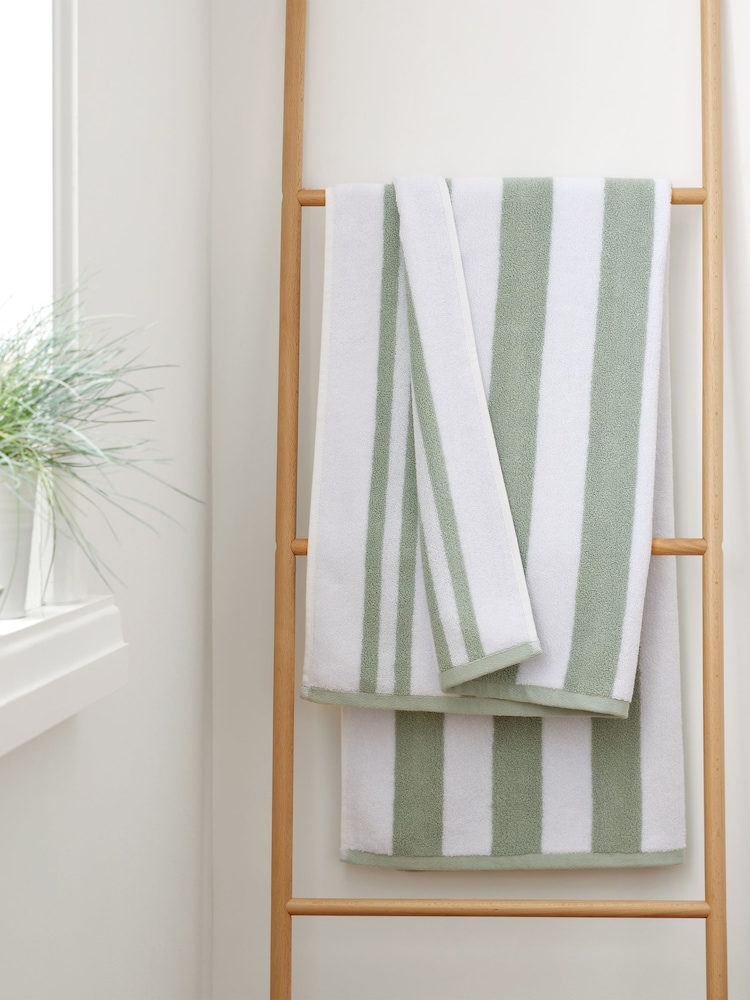 Bianca Sage Green Reversible Stripe 100% Cotton Jacquard Towel - Image 1 of 4