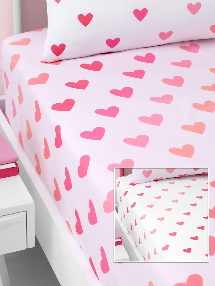 Catherine Lansfield Pink/White Twin Pack So Soft Hearts/Stripes Fitted Sheet - Image 1 of 3