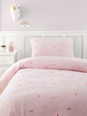 Catherine Lansfield Pink Embroidered Unicorn and Rainbows Duvet Cover Set - Image 1 of 4