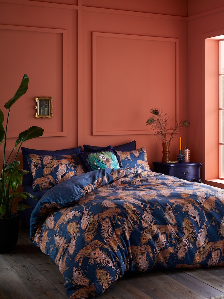 Matthew Williamson Navy Blue Peacock Leopard 100% Cotton Sateen Duvet Cover Set - Image 1 of 6