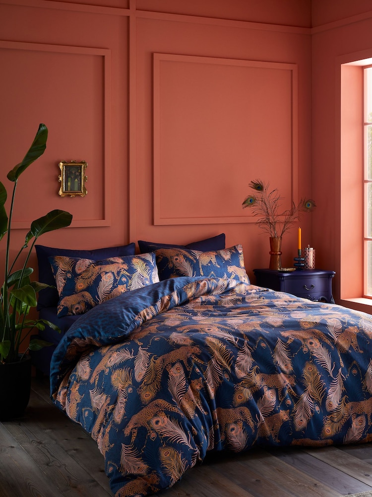 Matthew Williamson Navy Blue Peacock Leopard 100% Cotton Sateen Duvet Cover Set - Image 2 of 6
