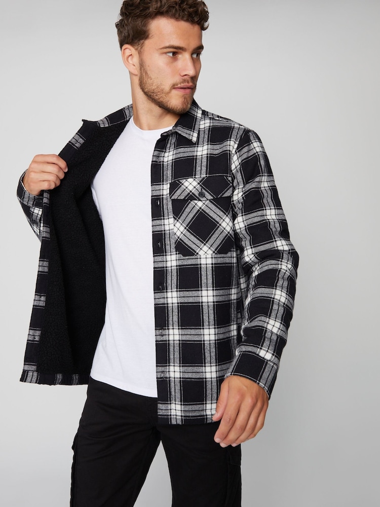 Threadbare Black 100% Cotton Check Borg Lined Shacket - Image 1 of 4
