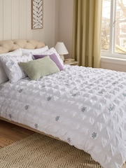White Floral Embroidered Seersucker Duvet Cover and Pillowcase Set - Image 1 of 3