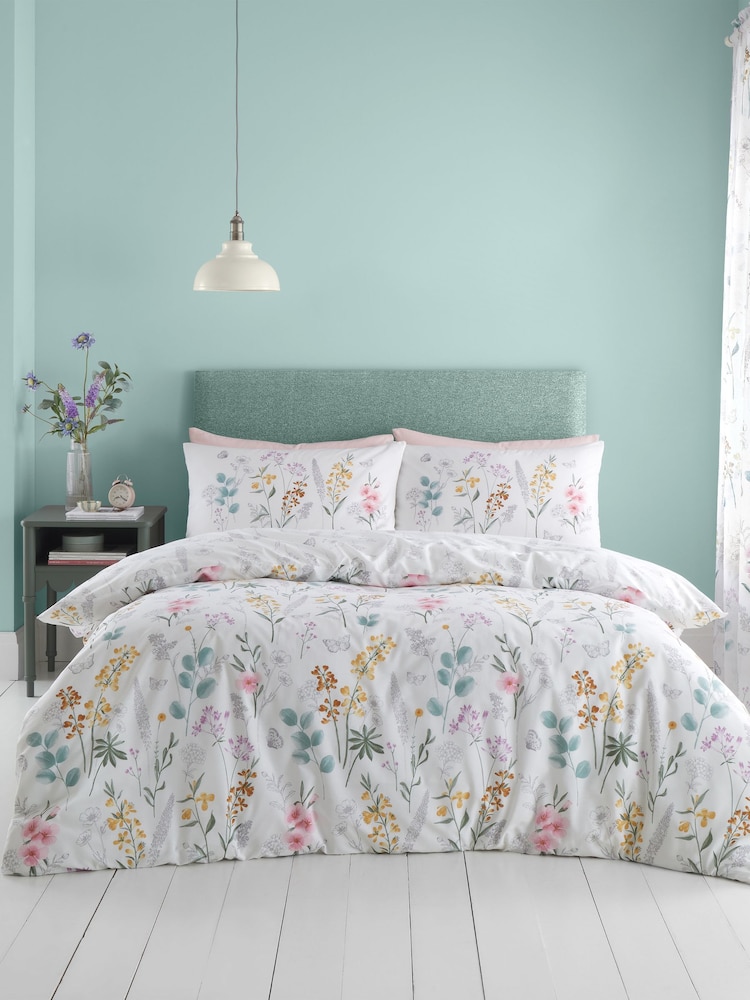 Catherine Lansfield White/Green Emilia Floral Reversible Duvet Cover Set - Image 1 of 5