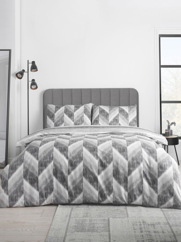 Catherine Lansfield Charcoal Grey Kamari Stripe Reversible Duvet Cover Set - Image 1 of 4