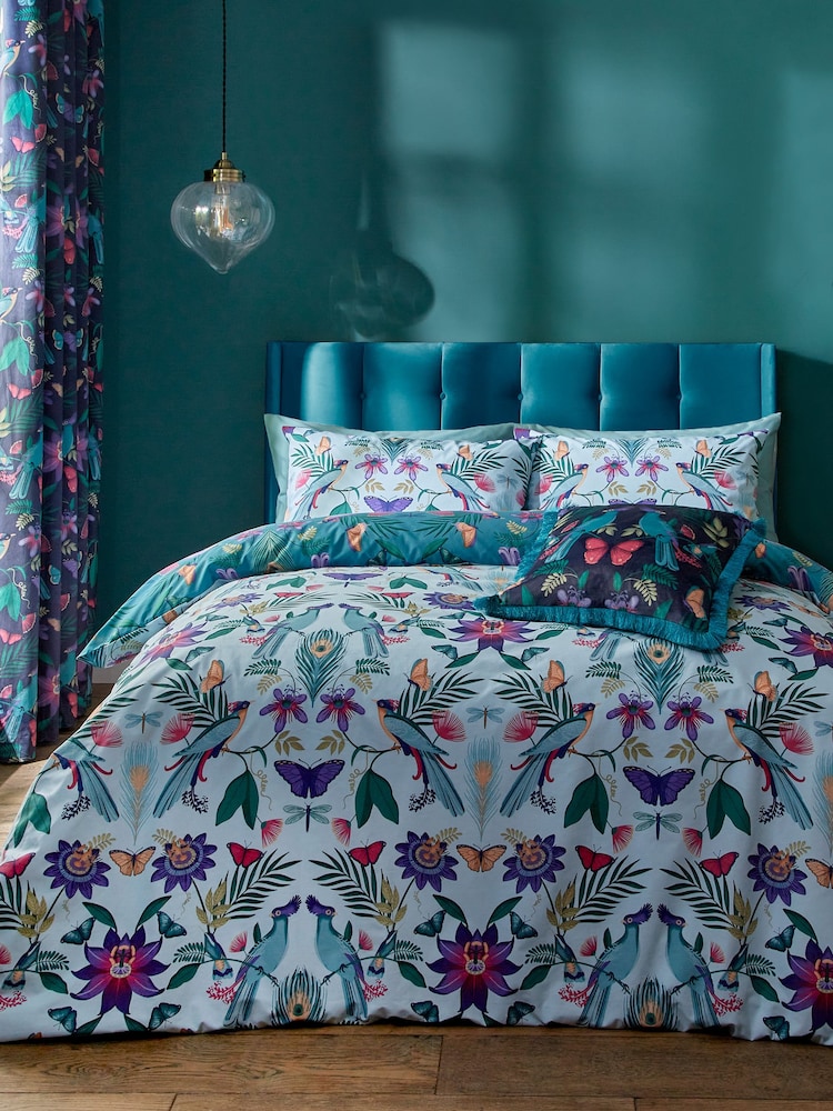 Catherine Lansfield Teal Blue Mya Tropical Floral Reversible Duvet Cover Set - Image 1 of 4