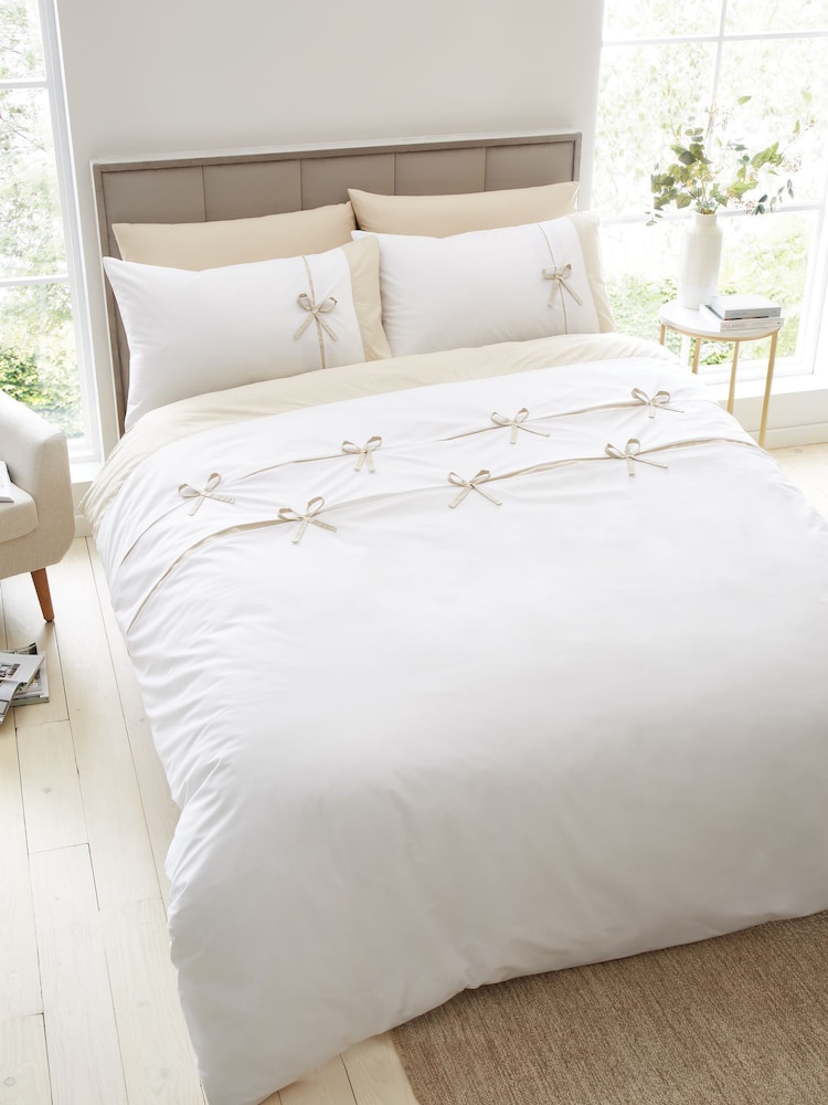 Catherine Lansfield White Milo Bow Duvet Cover Set - Image 1 of 4