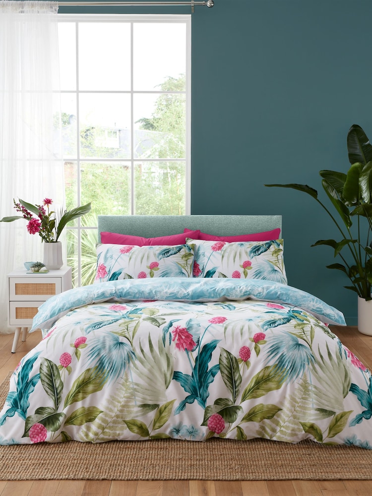 Catherine Lansfield Green Aruba Tropical Floral Reversible Duvet Cover Set - Image 1 of 4