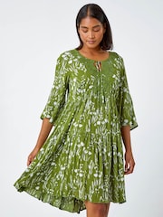 Roman Green Floral Print Lace Detail Smock Dress - Image 1 of 5