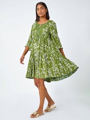 Roman Green Floral Print Lace Detail Smock Dress - Image 2 of 5