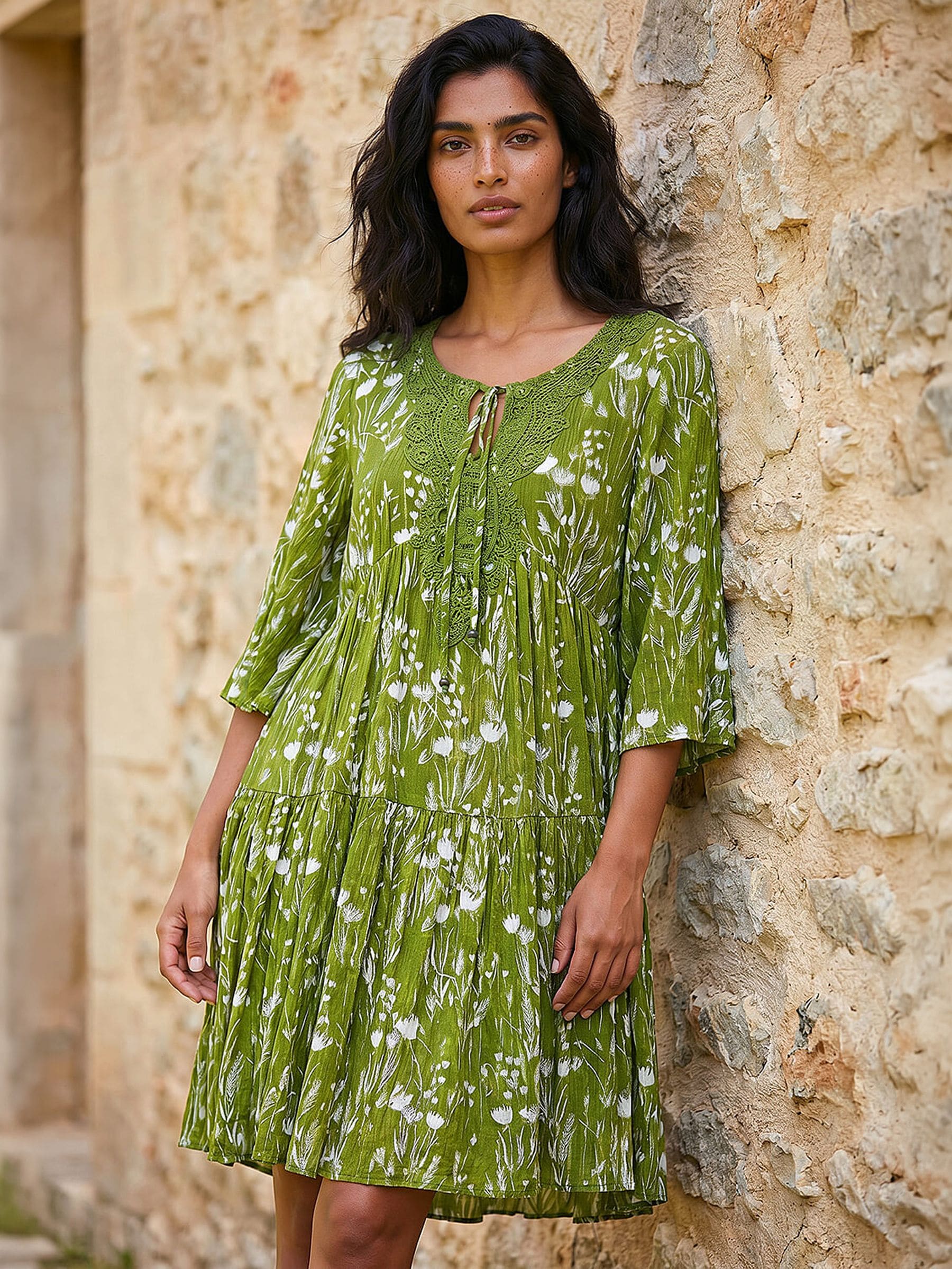 Buy Roman Green Floral Print Lace Detail Smock Dress from Next USA