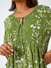Roman Green Floral Print Lace Detail Smock Dress - Image 5 of 5
