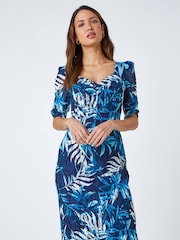 Roman Blue Leaf Print Puff Sleeve Midi Dress - Image 1 of 5