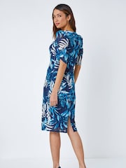 Roman Blue Leaf Print Puff Sleeve Midi Dress - Image 2 of 5