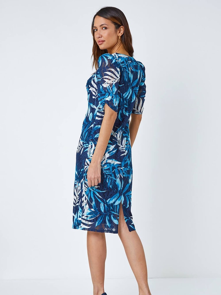 Roman Blue Leaf Print Puff Sleeve Midi Dress - Image 2 of 5