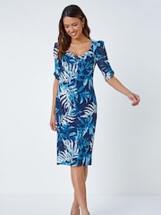 Roman Blue Leaf Print Puff Sleeve Midi Dress - Image 3 of 5