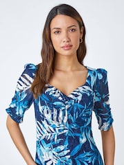 Roman Blue Leaf Print Puff Sleeve Midi Dress - Image 4 of 5