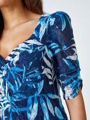 Roman Blue Leaf Print Puff Sleeve Midi Dress - Image 5 of 5