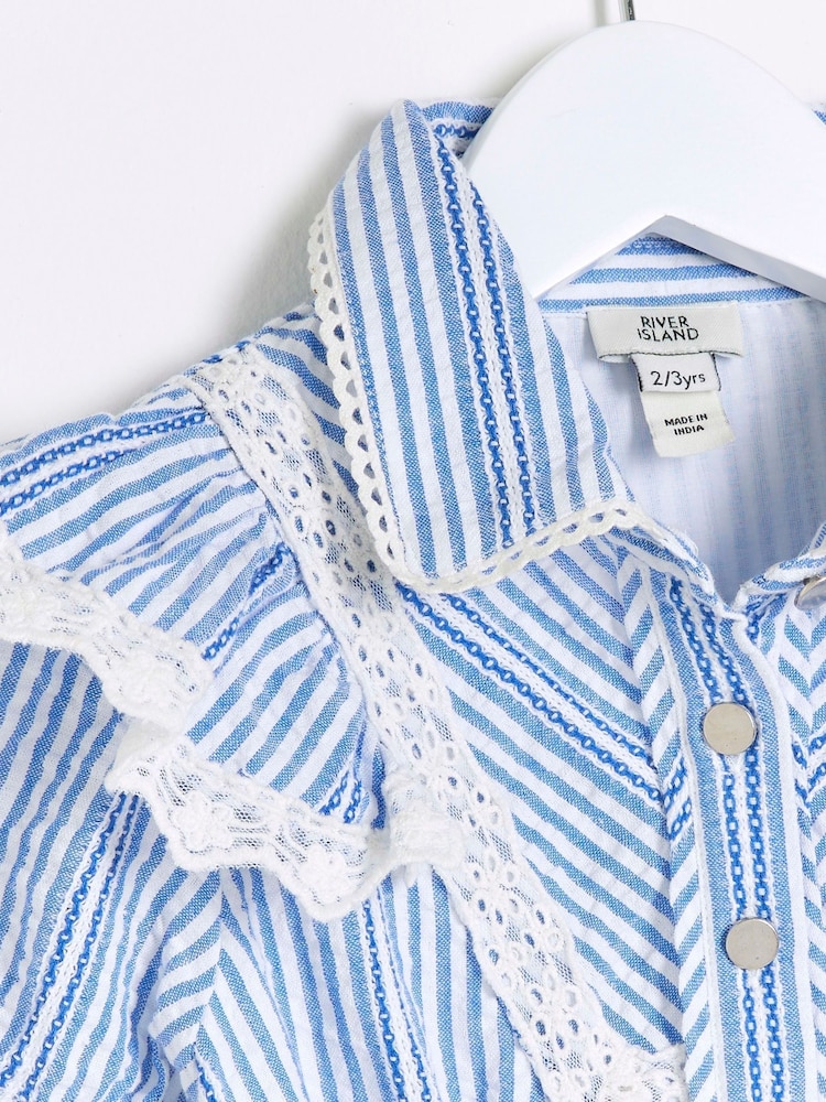 River Island Blue Mini Girls Stripe Shirt Dress - Image 2 of 3
