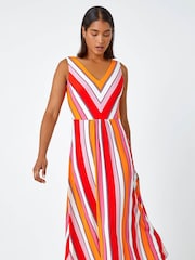 Roman Red Sleeveless Stripe Print Midi Stretch Dress - Image 1 of 5