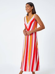 Roman Red Sleeveless Stripe Print Midi Stretch Dress - Image 2 of 5