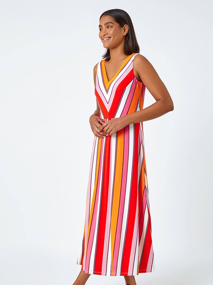 Roman Red Sleeveless Stripe Print Midi Stretch Dress - Image 2 of 5