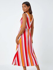Roman Red Sleeveless Stripe Print Midi Stretch Dress - Image 3 of 5