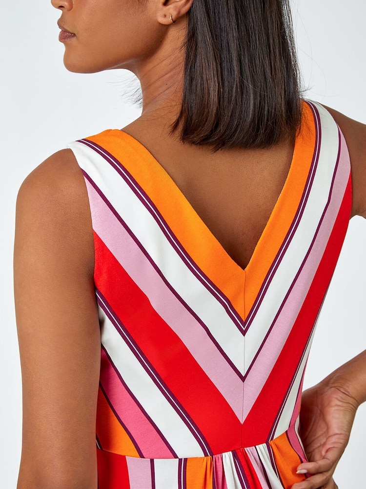 Roman Red Sleeveless Stripe Print Midi Stretch Dress - Image 5 of 5