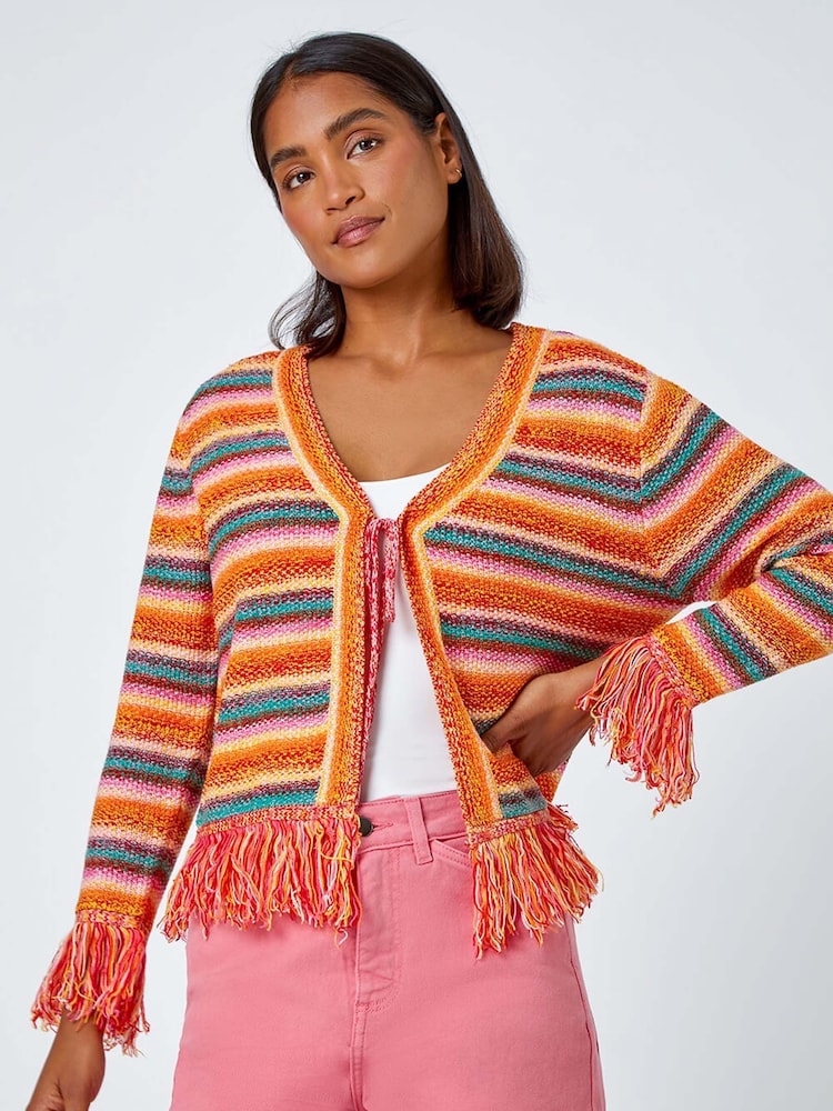 Roman Black Fringed Contrast Stripe Cardigan - Image 1 of 5