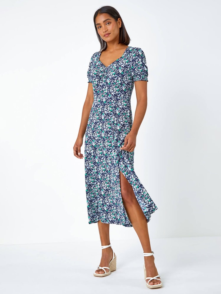 ditsy floral ruched dress Black Ditsy Floral Ruched Tie Fluted Sleeve Mini Dress