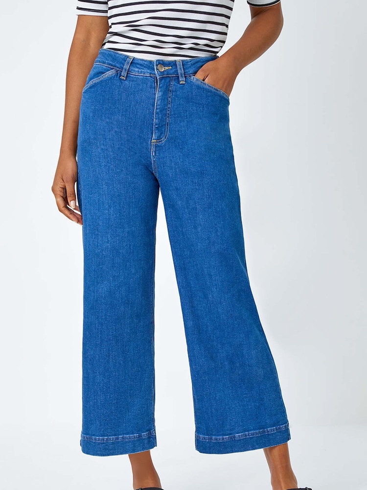 Roman Blue Wide Leg Stretch Denim Culottes - Image 1 of 5