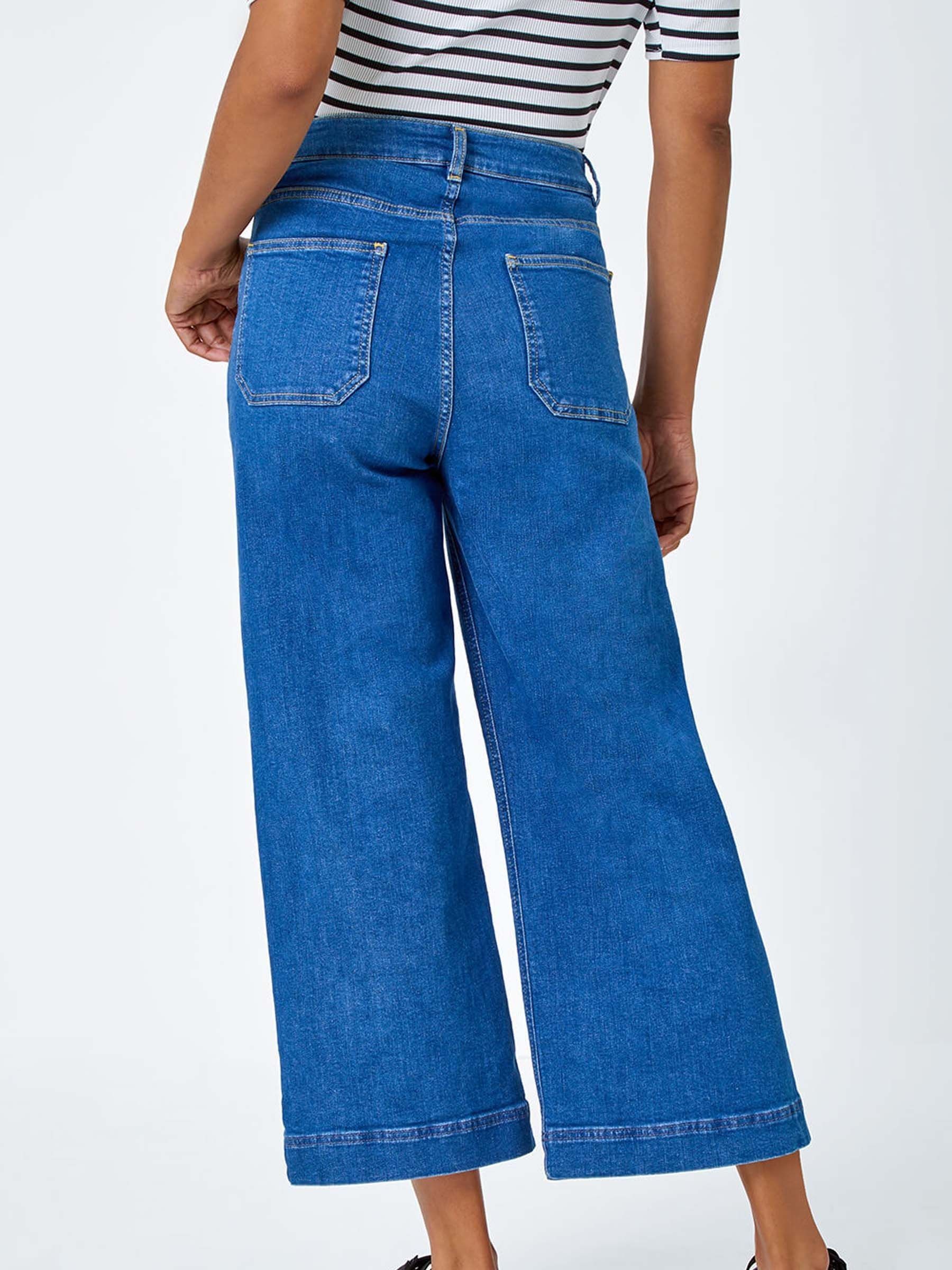 Elleven Women's Blue Polka Dots Wide Leg Denim Culottes With Elasticated Waist