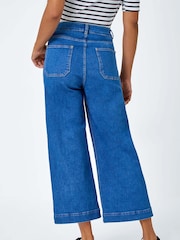 Roman Blue Wide Leg Stretch Denim Culottes - Image 2 of 5