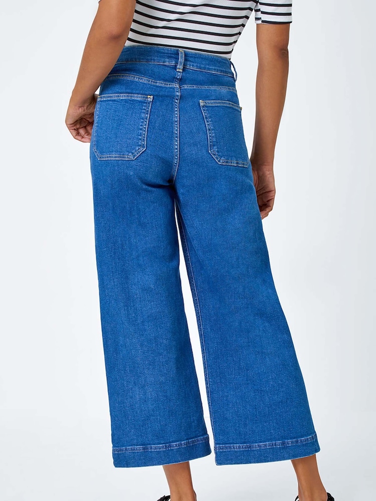 Roman Blue Wide Leg Stretch Denim Culottes - Image 2 of 5