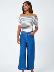 Roman Blue Wide Leg Stretch Denim Culottes - Image 3 of 5