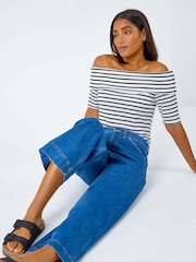 Roman Blue Wide Leg Stretch Denim Culottes - Image 4 of 5