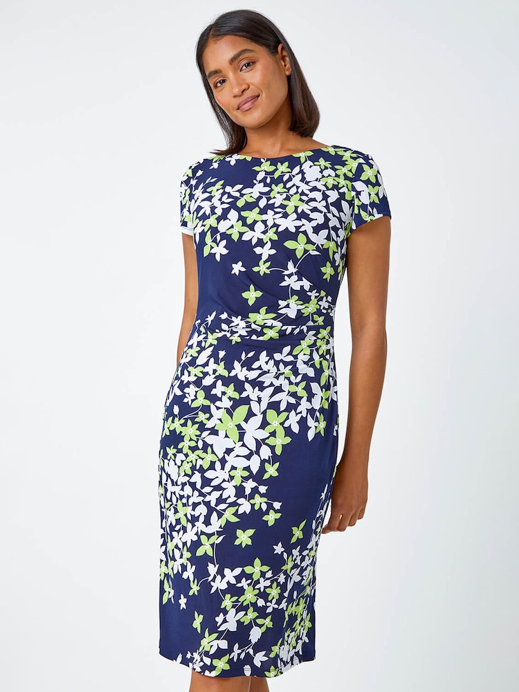 Roman Blue Floral Print Shift Stretch Dress - Image 1 of 5